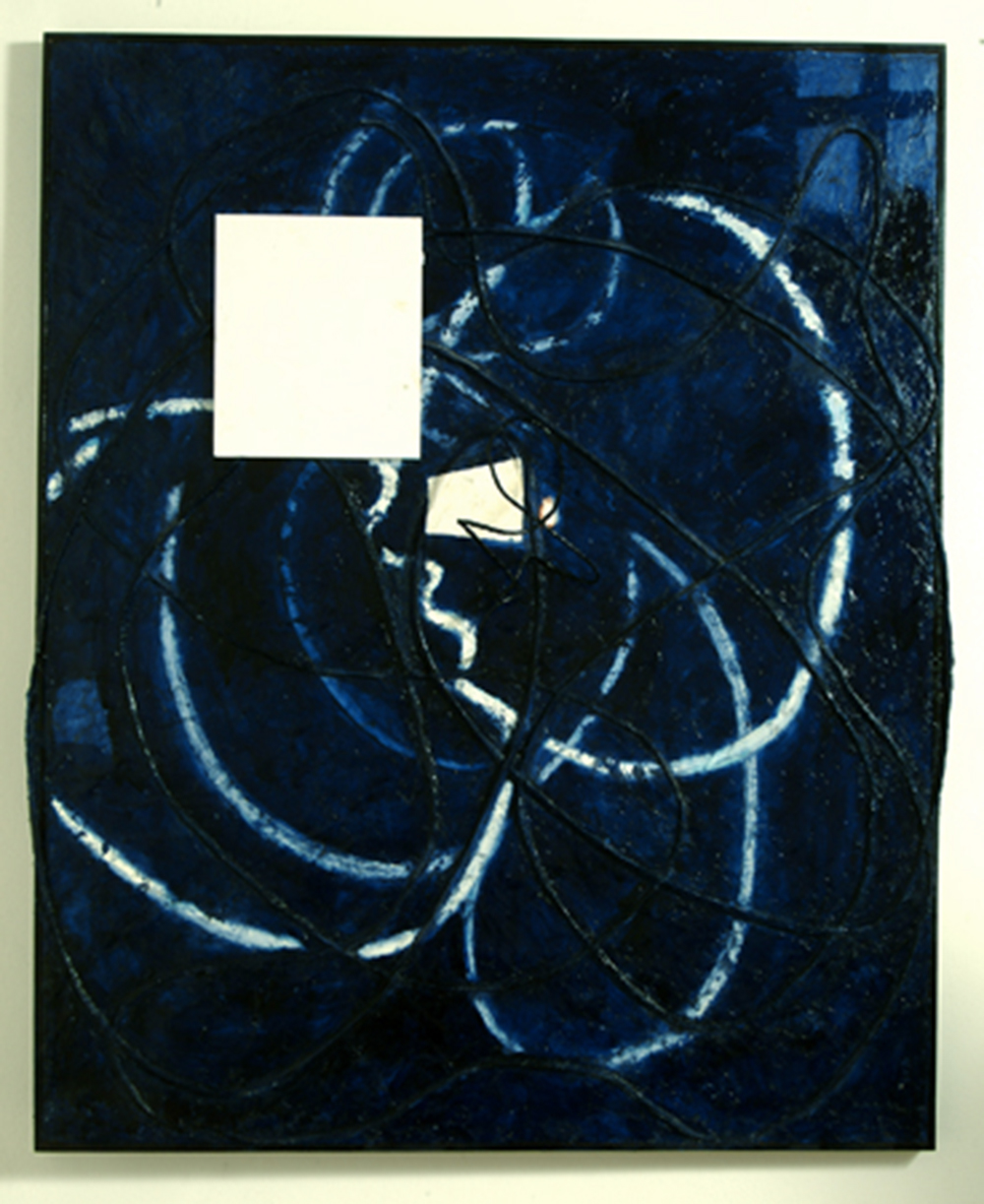 Interno blu, 2005, olio ed encausto su cartone telato, legno, stoppa e tela, cm 162x132