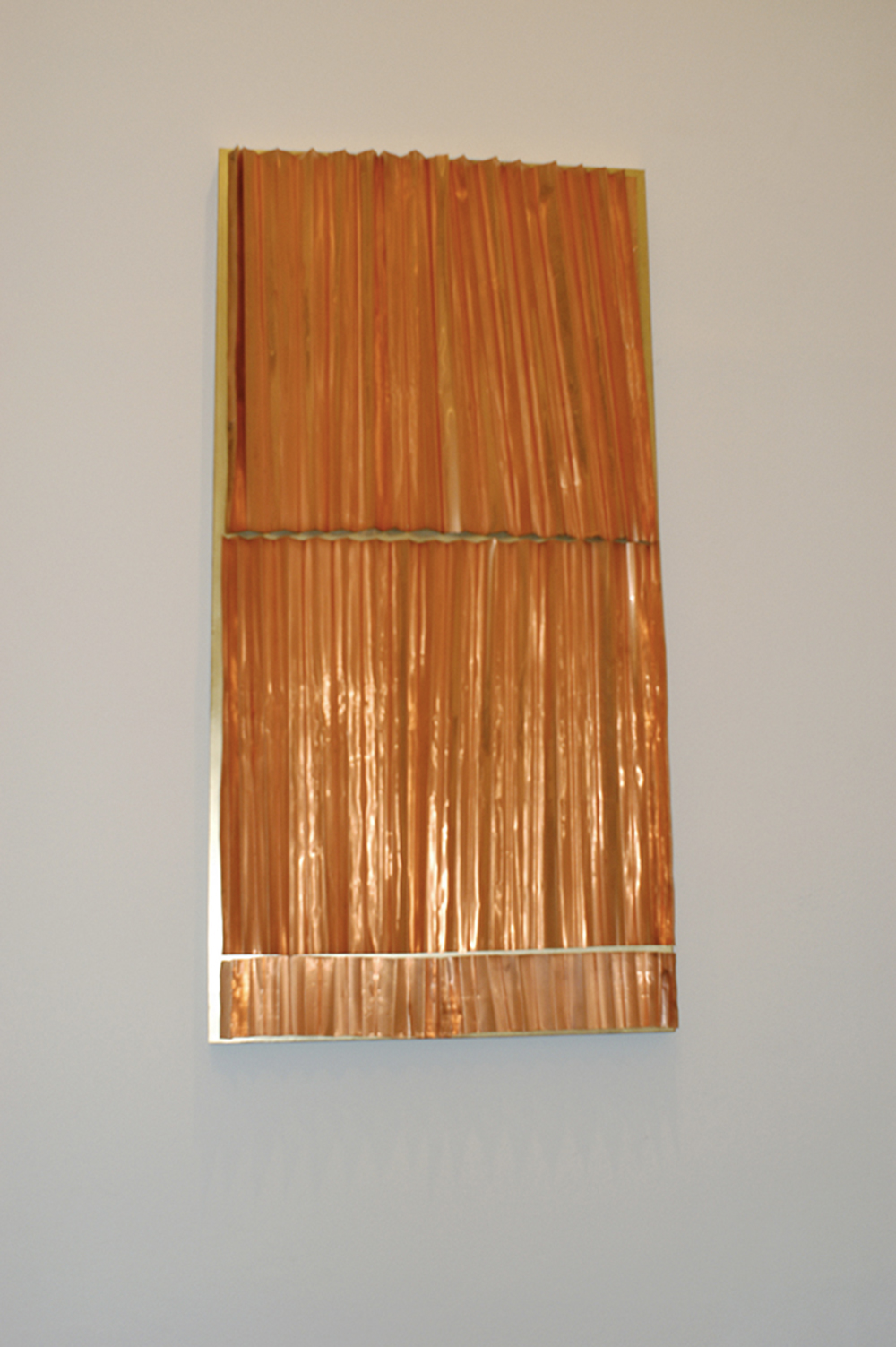 Hidetoshi Nagasawa, Visione di Giovanni, 2003, ottone, rame, pannello di legno, cm 134x67x8