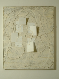 Dentro e fuori, 2005, olio ed encausto su cartoni telati, legno e tela, cm 162x132