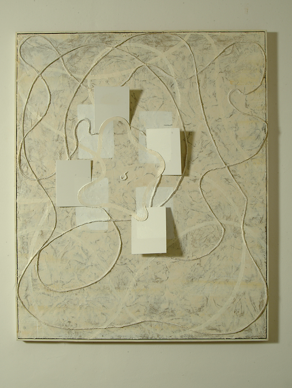Dentro e fuori, 2005, olio ed encausto su cartoni telati, legno e tela, cm 162x132