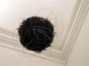 Oggetto nello spazio, 2005, trucioli di acciaio brunito,  filo d’acciaio brunito, filo d’acciaio ramato, fili di alluminio, dimensione spazio