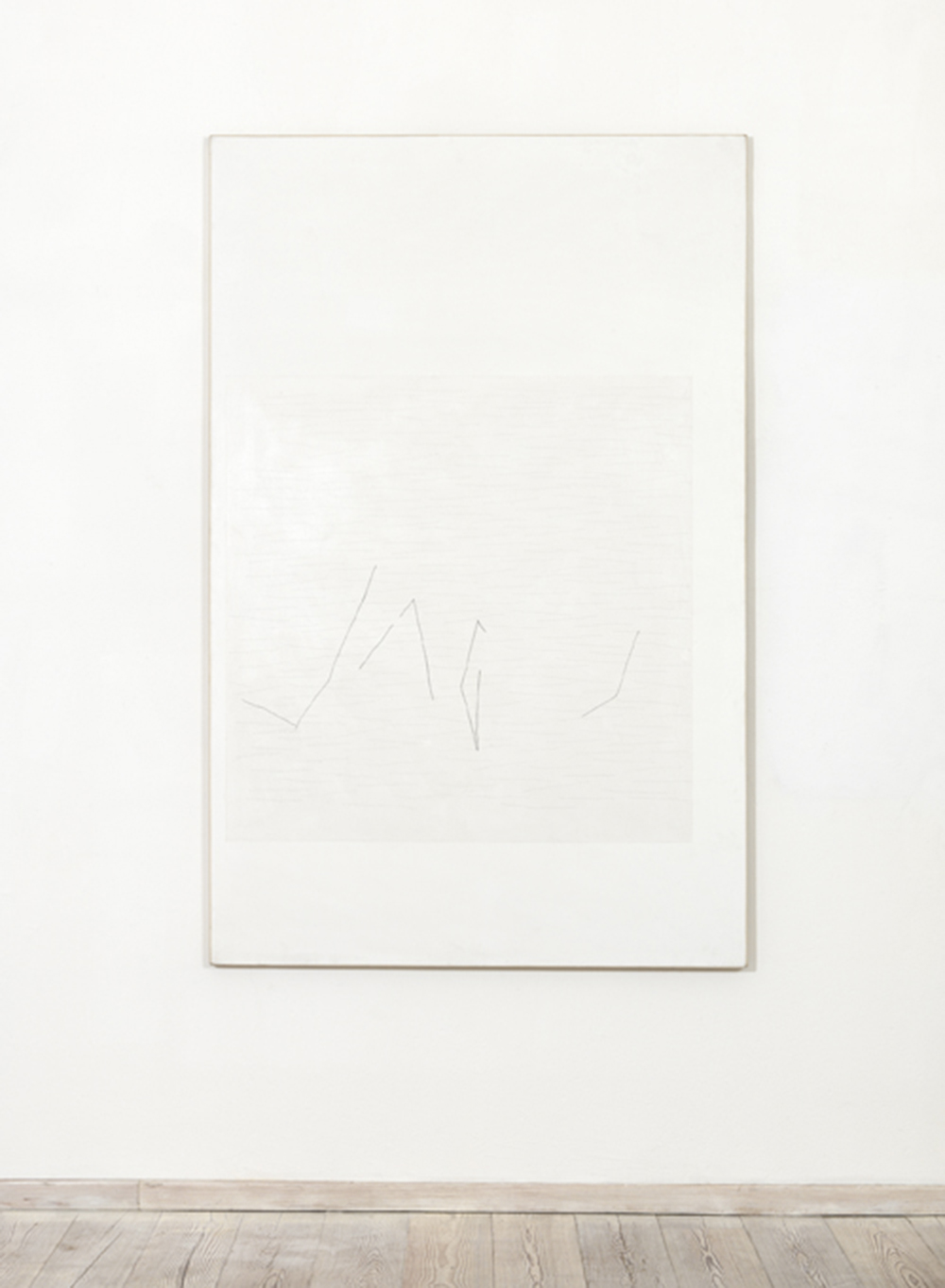 B, 1977, acrilici, pearl white, pastello e contè su tela, cm 200x130