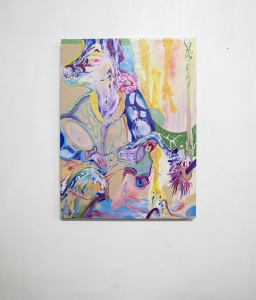Lorenzo Conforti, Sinfonia genitrice, 2021, olio e vernice spray su tela, cm 80x60