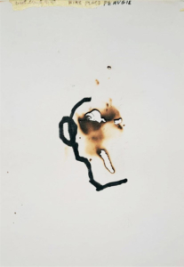 Amir Nave, Fireplace (1), 2018, bruciature, olio e penna su carta, cm 20,5x15