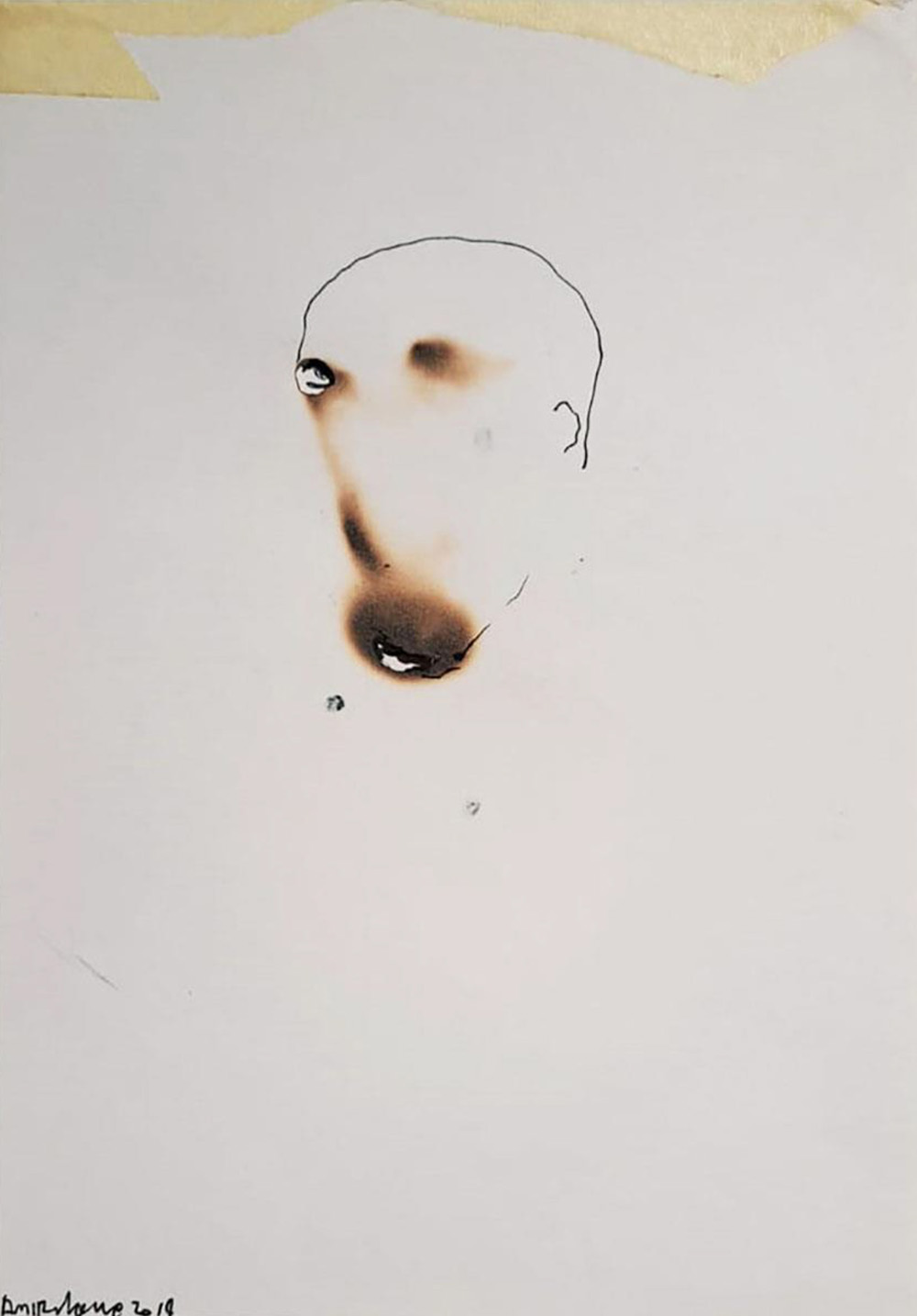 Amir Nave, Fireplace (3), 2018, bruciature, olio e penna su carta, cm 20,5x15