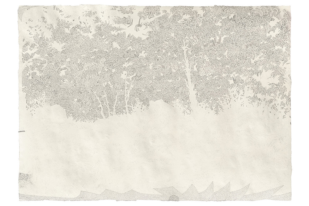 Fabrice Souvereyns, Flash, 2023, matita, gomma, acquerello e collage su carta, cm 26x36