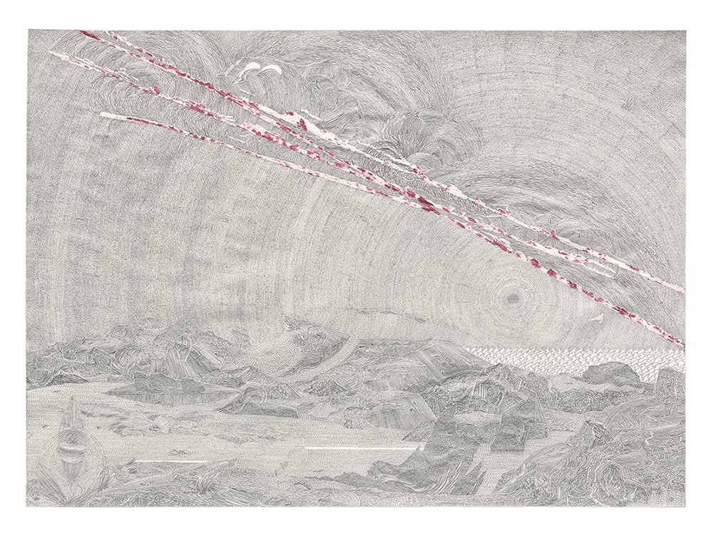 Fabrice Souvereyns, Not erased, red diagonal, something unreal, 2019, matita su carta, cm 26,2x36