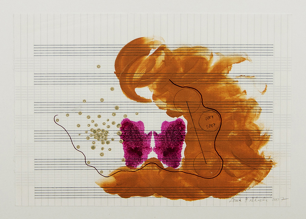 Denica Lehocka, Untitled (1), 2007, tecnica mista su carta da musica, cm 23x32