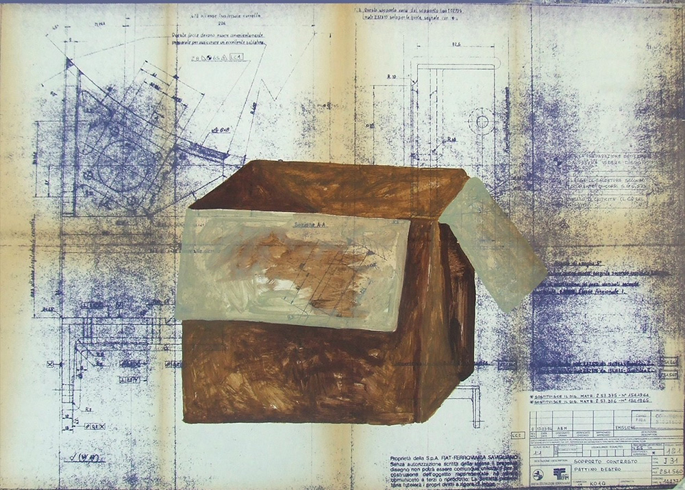 Lello Lopez, The Factory III, 2010, acrilico su cianografia, cm 60,5x85